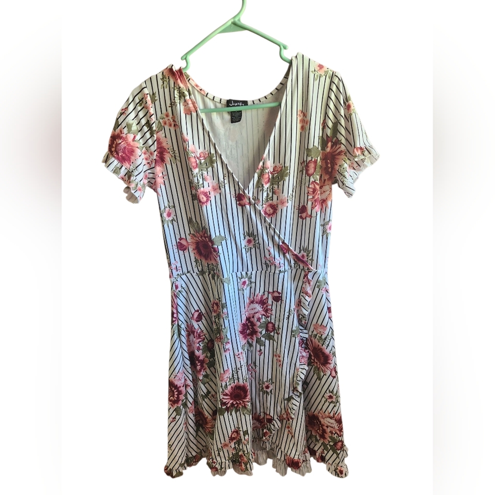 B2G1 FREE! Floral Striped Faux Wrap Dress